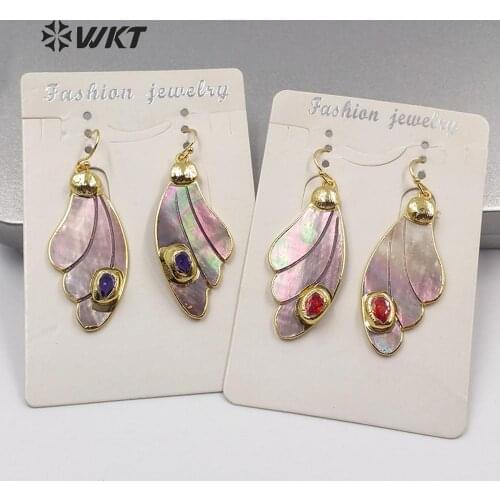 WT-MPE023 Bohe style earring natural shell earring wing earring rainbow color shell with CZ paved woman fashion earring jewelry