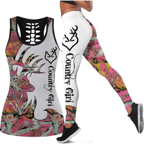 Womens Over Printed Yoga Suit Hunting Deer Country Girl Hollow Vest Tank Top High Waist Leggings Sports Ladies Suit