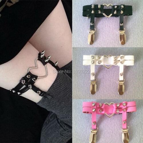 1Pair Sexy 100% Handmade Harajuku Leg Garter Faux Leather Spike Stud Punk Goth Heart Round Leg Belt Harness Ring