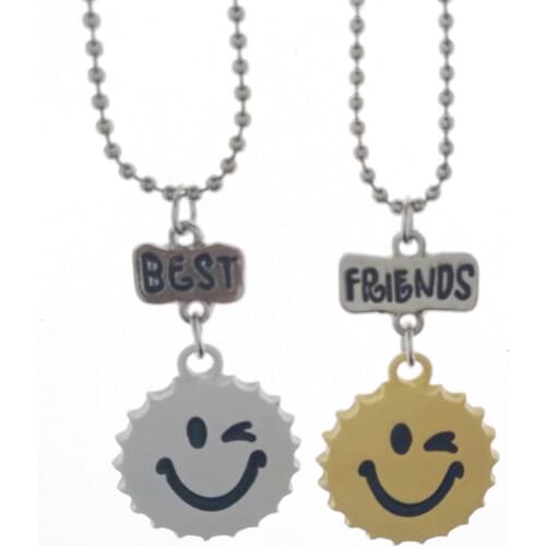 Children Best Friends Cute Smile Face Wine Caps Pendant BFF 2 Necklace Friendship Jewelry Gifts For Kids 10 Set