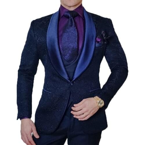 3 Pieces Suit Shawl Lapel Royal Blue Prom Dress Suits Stage Singer Costume Wedding Men Best Man Dress Suit (Jacket+Pants+Vest)