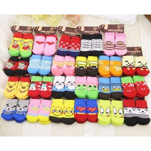 4 Feet Warm Puppy Dog Shoes Soft Acrylic Pet Knit Socks Cute Cartoon Non-slip Antiskid Socks For Puppy Pet Products