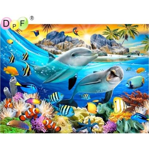 DPF Diamond Embroidery Needlework Island Dolphin 5D Round full Diamond painting Cross Stitch diamond Mosaic home decor crafts