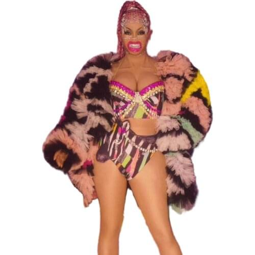 Sparkling Crystal Three-Piece Graffiti Bikini Multicolor Printing Fur Coat Performance Stage Festival Outfit Sexy Dance Costume