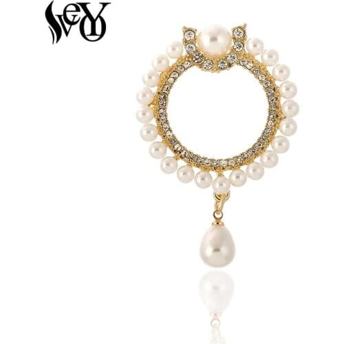 VEYO Round Peal Rhinestone Brooches for Women Elegant Dress Scarf Brooch Pins Jewelry Accessories Gift