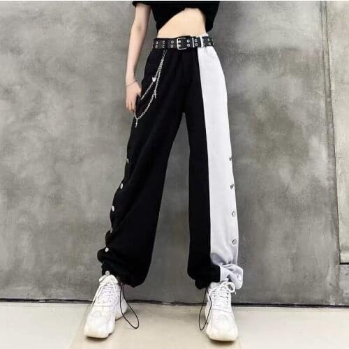 Black Wide Leg Pants for Women Chain 2021 Spring and Summer High Waist Drooping Mop Pants Patchwork Casual Pants Thin Suit Pants