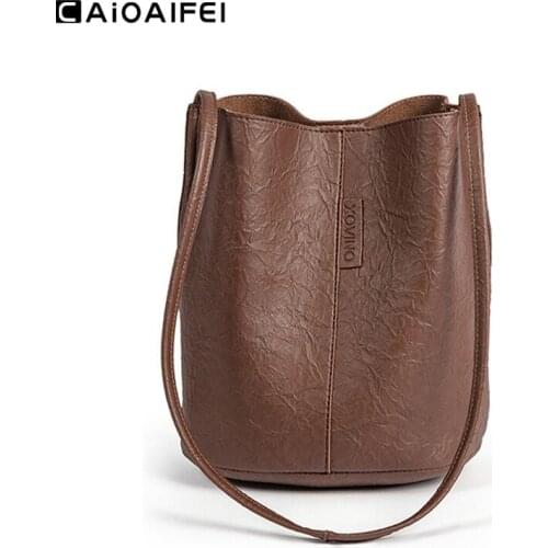 CAIOAIFEI vintage casual solid women bucket bag hotsale fashion leather handbags shopping bag ladies shoulder crossbody bag
