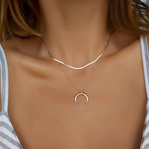 Moon Necklace Women Bohemian Style Moon Horns Pendant Multilayer Flat Snake Chain Necklaces Womens Jewelry Collares