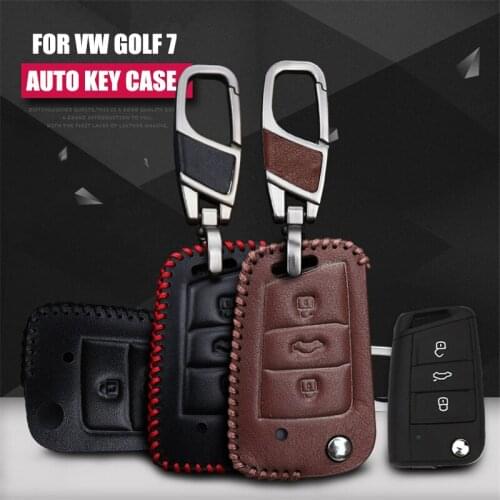 Cow Leather Car Key Pack Cover / Key Case Holder Shell Keychain Accessories For Volkswagen Golf 7 Folding Key