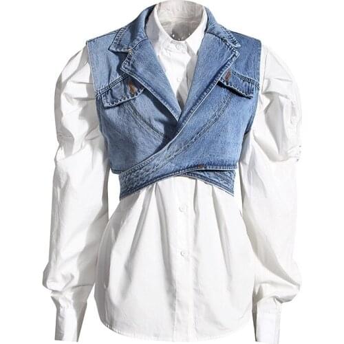 ASYMSAY Autumn Female Long Sleeve White Loose Fashion Turn-down Collar Puff Sleeve Shirt Short Irregular Denim Vest AL1786