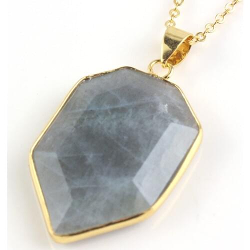 FYJS Unique Light Yellow Gold Color Polygon Shape Labradorite Stone Pendant Necklace for Party Gift