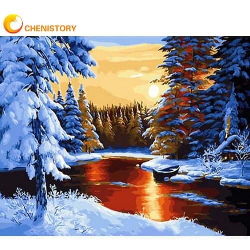 CHENISTORY 60x75cm Frame DIY Painting By Number Snow Landscape Wall Art Picture By Numbers Acrylic Paint On Canvas Home Decors