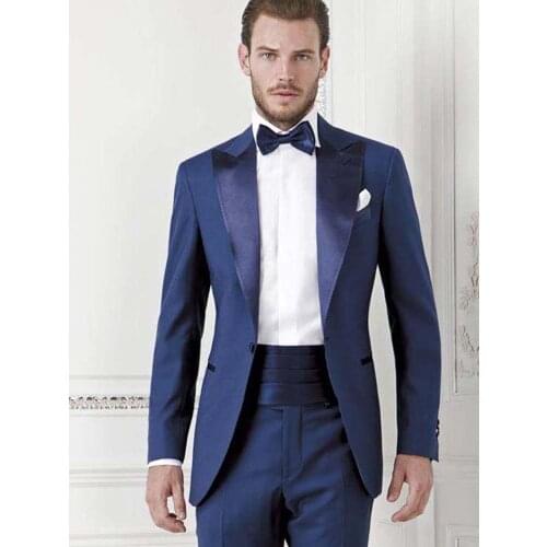 ANNIEBRITNEY Navy Blue Slim Fit Men Formal Suits With Pants 2 Piece Groom Wedding Tuxedo With Satin Peaked Lapel Long Blazer
