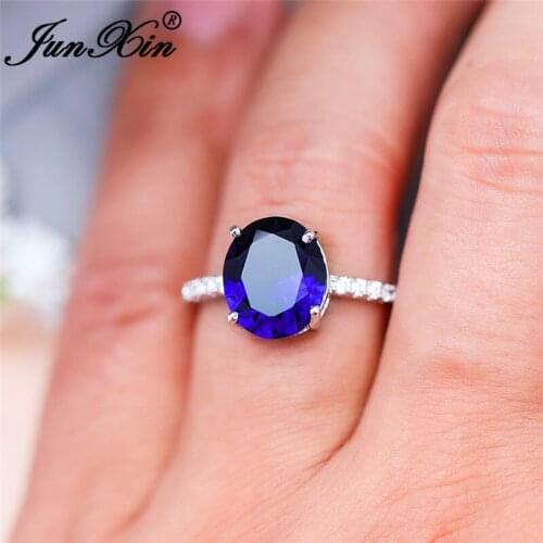 Royal Blue Stone Oval Rings For Women Minimalist Wedding Thin Ring Band White Gold Rose Gold Color Promise Engagement Ring Cz