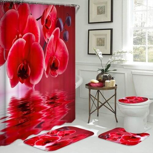 Red Flower Bathroom Curtains Set with Hooks Ring Waterproof Shower Curtain for Home Decor Bath Mat Non-Slip Rugs Carpet