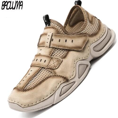 Brand Mens Shoes Summer Real Leather Mens Casual Shoes Breathable Mesh Leather Luxury Mens Sneakers Men Outdoor Male Footwear