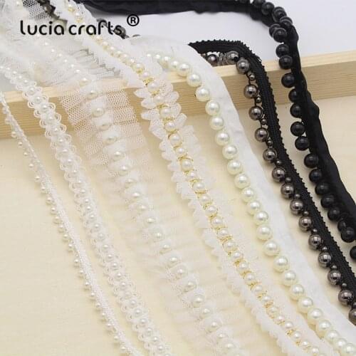 Lucia crafts 1 y/lot Pearl Beaded Lace Trim Tape Lace Ribbon Lace Fabric Collar Dress Sewing Garment Headdress Materials N0301