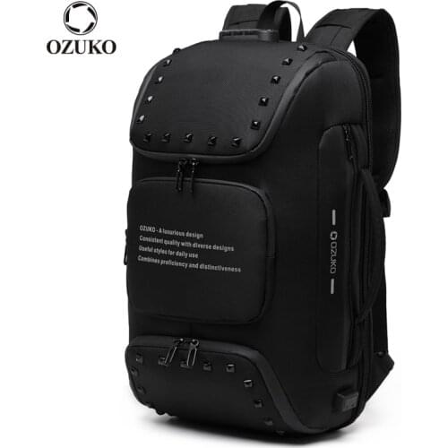 OZUKO Multifunction Anti-theft Backpack for Men Fashion Rivet Teenager Schoolbag Male USB Charge Waterproof Backpacks Travel Bag