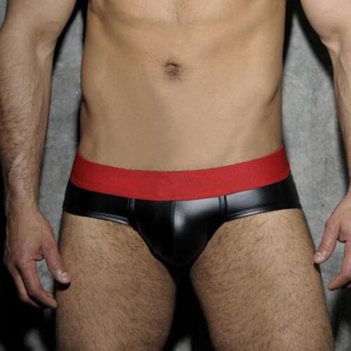 Mens Sexy Underwear Briefs Faux Leather Thong Panties Elastic Low Waist Wild Temptation Bikini Underpants Male