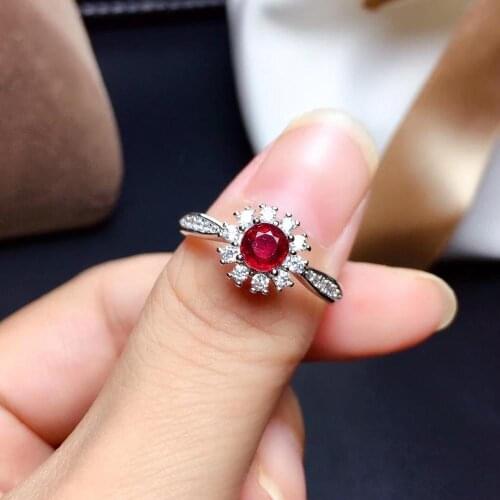 Delicate small round Sun flower Natural red ruby gem ring S925 silver natural gemstone ring girl women party gift fine jewelry