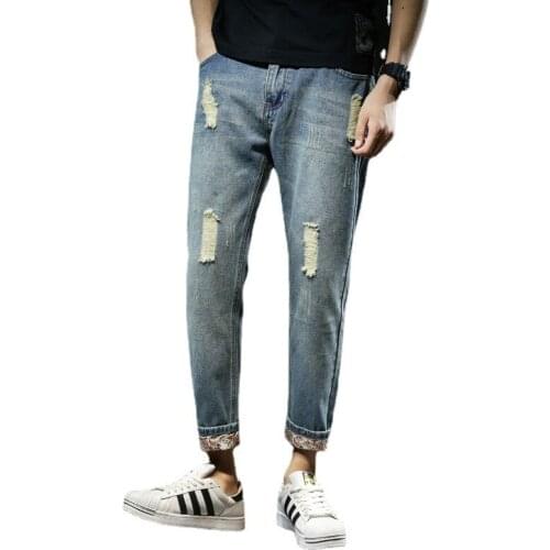 2021 Spring and Autumn New All-match Ripped Nine-point Pants Jeans Blue Stretch Casual Youth High-quality Harem Trousers