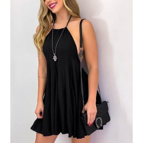 Sexy Women Summer Sleeveless Backless A-Line Dress Patchwork Design Halter Solid Color Slim Pullovers Mini Dress for Streetwear