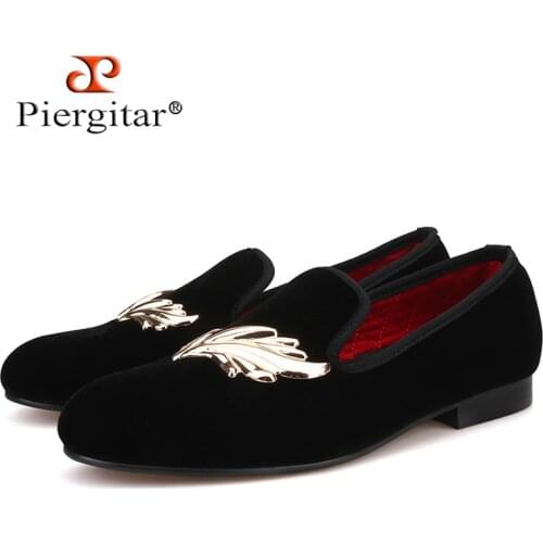 Piergitar new style handcraft men velvet shoes with gold leaves metal fit for wedding and prom men loafers mens flats plus size
