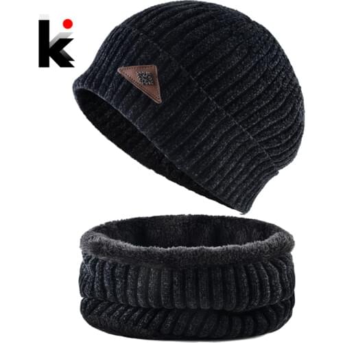 Knitted Skullies Beanies Mens Winter Thick Knitting Solid Hats And Scarf Sets For Men Outdoor Russia Snow Beanies Warm Ski Set