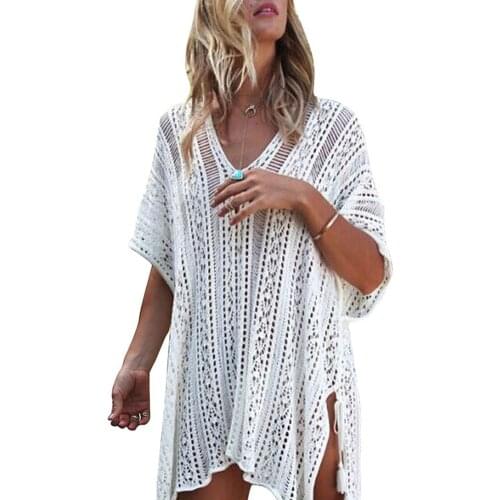 Women Summer Knitted Bikini Cover-Up Blouse Beach Hollowed-Out Dress Summer Beach Vacation Swimwear Loose Jumper Tops Holiday
