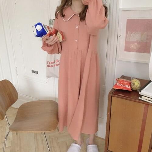 Womens nightgown 100% cotton gauze crepe womens robe spring pure color peter pan collar long sleeve sleep dress nighwear L484