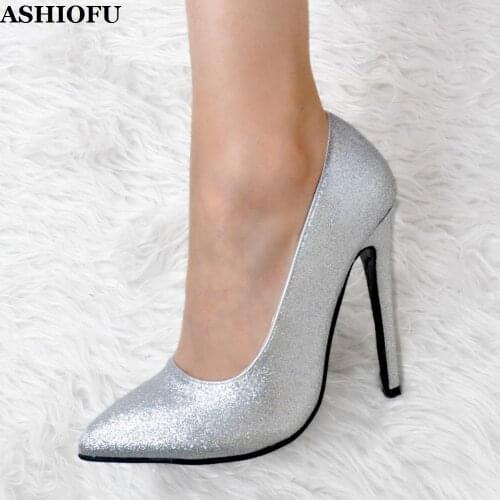 ASHIOFU New Hot Womens High Heel Pumps Nubuck Party Prom Slip-on Dress Shoes Shiny Evening Club Fashion Pumps Court Shoes XD031