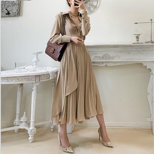New Women Elegant Pleated Office Dress Spring Autumn Long Sleeve Patchwork Bandage Dresses Ladies Elegant Long Robe Vestidos