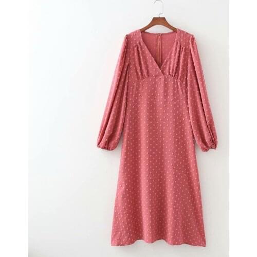 New Women Vogue Jacquard Dress V-Neck Long Lantern Sleeves Back Zip Vintage Chic Lady Midi Dresses Woman Robe