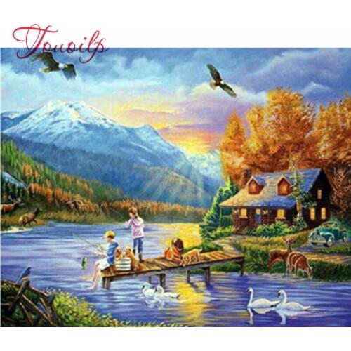 Bricolage diamant broderie pêche paysage diamant peinture point de croix icône mosaïque kit décoration de la maison roulé emball