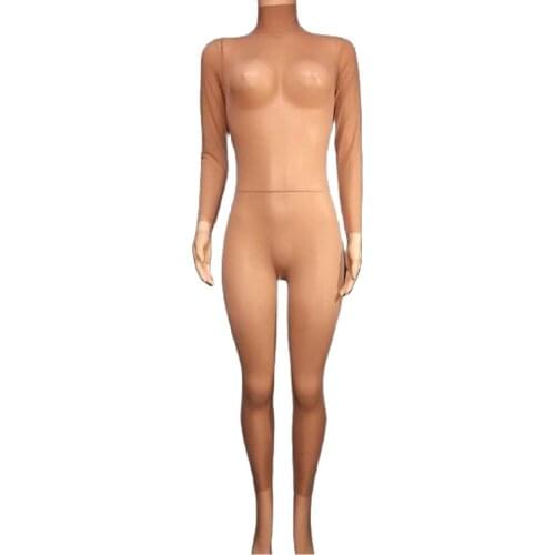Sexy Nude Jumpsuit Perspective Bodycon Women Long Sleeves Rompers Transparent Tight Bodysuit Dance Stage Nightclub Costume