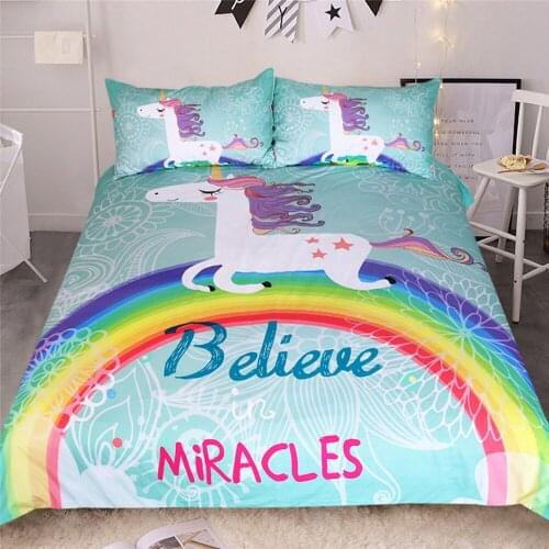 Flowers Rainbow Unicorn Bedding Set Believe Miracles Cartoon Single Double Size Bed Duvet Cover Animal for Children Girls 3pcs