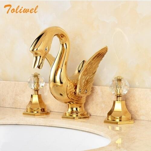 Swan Widespread Faucet Golden 3 Pcs Decorative Bathroom Lavatory Basin Sink Mixer Tap WF0088B
