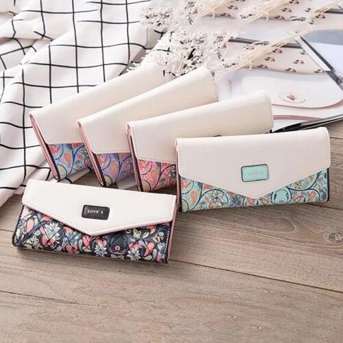 Fashion Women Wallet Lady Envelope PU Leather Purse Floral Print ID Card Holder Button Clutch Purse Long Handbag Bag