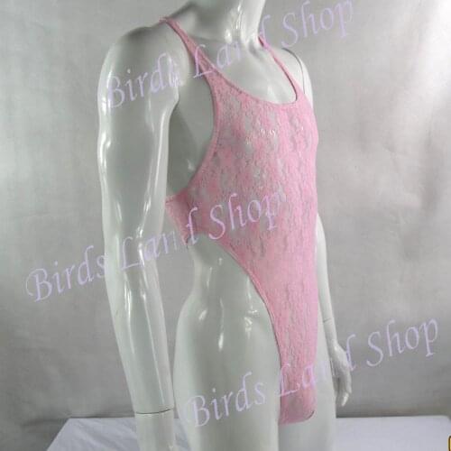 Mens Thong Bodysuit Stretchy High Cut Racer Back Floral Lace G4289