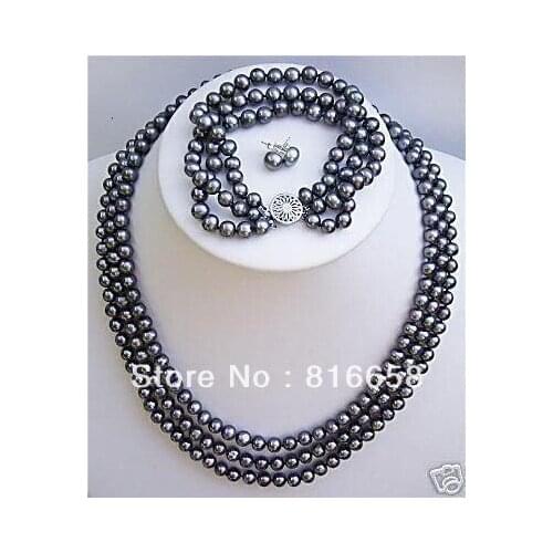 3 rows freshwater black pearl necklace bracelet earrings set