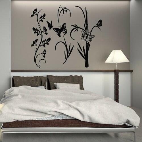 Nature Plant Wall Decal For Bedroom Beautiful Butterfly Flower Reed Vinyl Wall Stickers Decor Classroom Kitchen Decoration W855
