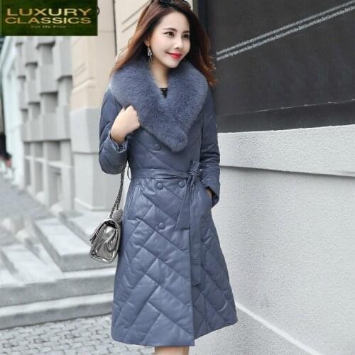 Natural Winter Jacket Women Sheepskin Coat Female Genuine Leather Down Jacket Women Real Fox Fur Collar Long Coat LWL1202