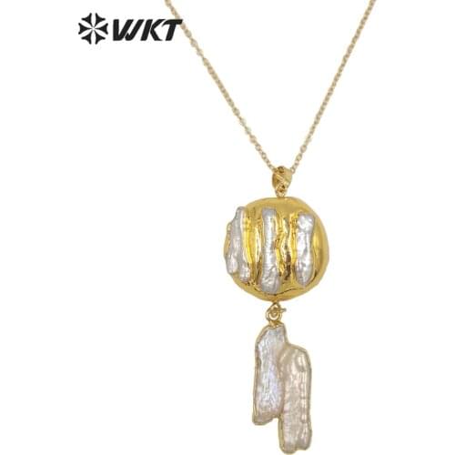 WT-JN149 Wholesale fashion 18k real gold plated natural freshwater pearl charm necklace with link chain lady wedding necklace