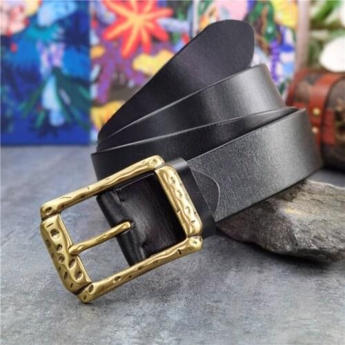 Retro Brass Belt Buckle Leather Belt Men Ceinture Cowboy Jeans Men Belt Leather Genuine Vintage Long Belt For Men Wide MBT0602