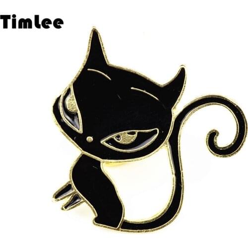 Timlee X222 Cartoon Personality BLACK Cat Design Cute Metal Brooch Pins Wholesale