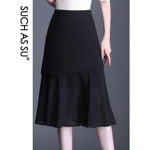Korean Fashion Womens Summer Skirts 2021 Chiffon High Waist Mermaid Mid-Long Y2K Skirt Occupation Work Office Sexy Lady Skirt