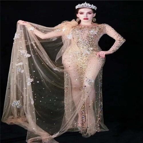 V13 Catwalk stage costume gold rhinestones mesh skirt drilling long evening dress crystal see through one piece outfit dj wears