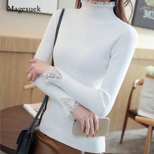 Spring Women Slim Short Paragraph Bottoming Sweater Half-high Collar Sweater Solid Color Lace Thickening Inside Sweater 7569 50