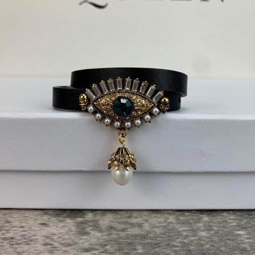 2021 Vintage Gold Color Steam Punk Hip-Hop Design Jewelry Demon Eye Black Leather Bracelet Big Bangle Choker Screw Top Hot Brand