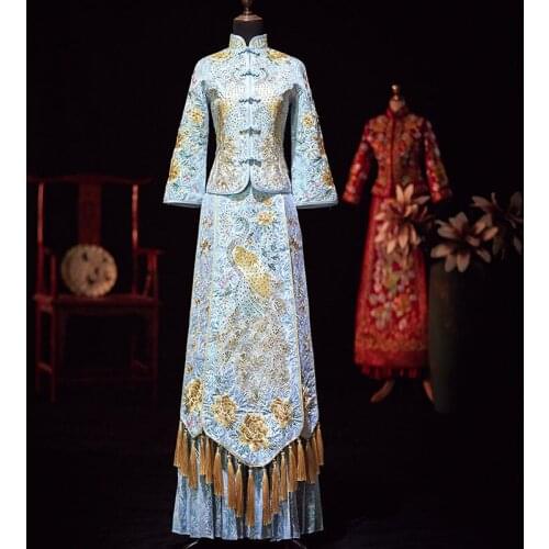 Blue Golden Embroidery Chinese Traditional Wedding Dress Banquet High-quaity Classic Cheongsam China Qipao костюм для восточных